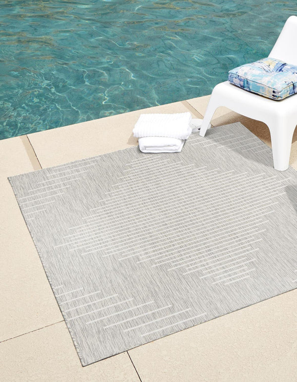 Unique Loom Outdoor Modern Tambor Machine Made Lines Rug Gray, Ivory 10' 8" x 10' 8"