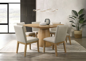 English Elm Jasper Round Pedestal Dining Set Seats Six with Driftwood Finish Beige Fabric Chairs B061S00859