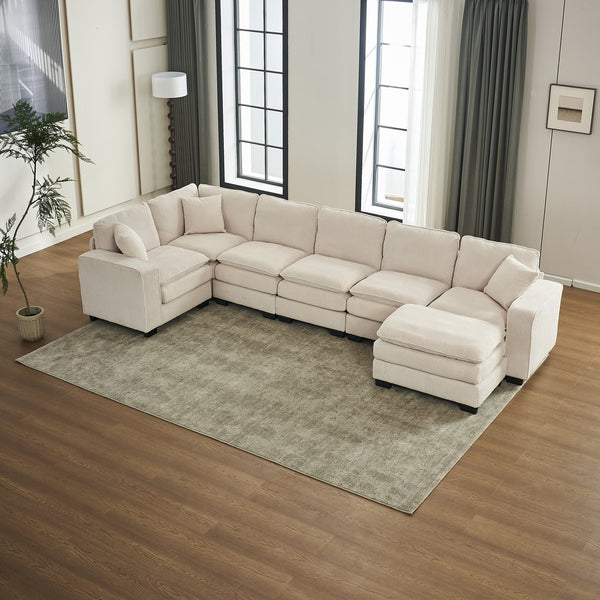 English Elm Modern U Shaped 6-Seat Sectional Sofa with Ottoman and 3 Toss Pillows, Corduroy Modular Comfort and Durable Frame White W2363S00039