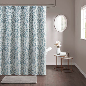 JLA Home Madison Park - Jacquard Silver Medallion Shower Curtain — Textured Damask Weave, 72x72 Durable Machine-Washable Aqua/Silver MP70-8085