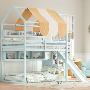 English Elm Full Size Wood Loft Bed with Canopy Slide and Built in Bookshelves for Kids Light Green N7090005021F