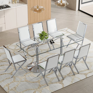English Elm Table and Chair Set Tempered Glass Top with Silver Metal Frames Seats 8 Dining White+Silver W1151S04765