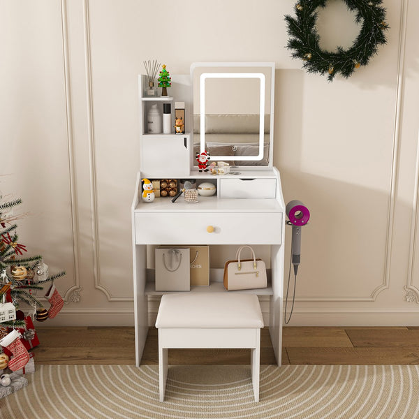 English Elm 3-color Led Vanity Table with Stool Drawers and Built-in Power Hub for Bedroom White W2700P457870