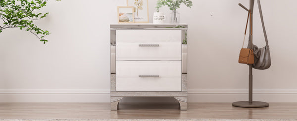 English Elm Elegant High Gloss Nightstand with Mirrored Accents and Metal Handle, 2-Drawer Modern Storage Table for Bedroom and Living Room, Sleek MDF Design White 26.77 L x 18.9 W x 11.22 H N733P205356K