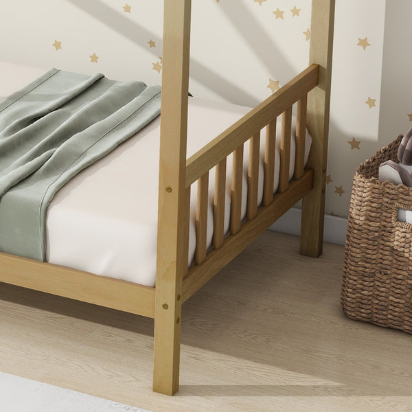 English Elm Twin House Frame Bed Solid Rubberwood Pitched Roof Headboard Kids Room White Oak W504P360081