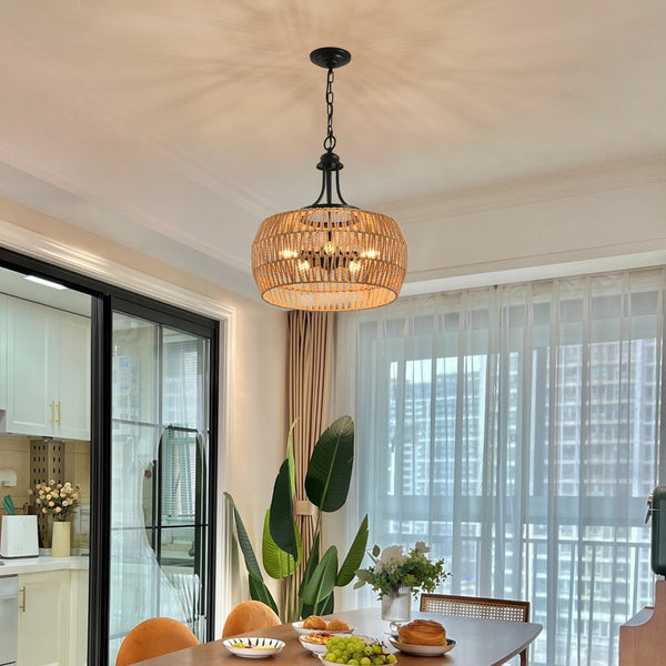 English Elm 19" Boho Hemp Rope Pendant Light - Hand-Woven Jute Shade, Wrought Iron Accent, Adjustable Chain, Warm Ambience W1340P241300