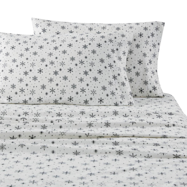 JLA Home True North by Sleep Philosophy - 100% Cotton Flannel Black Snowflakes Sheet Set — Brushed 160gsm Cozy Winter Bedding, Deep-Pocket Fit TN20-0618