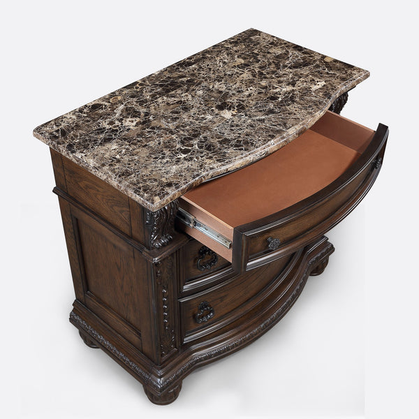 English Elm 1Pc Marble Top Nightstand With Three Drawers, Intricate Moldings & Curved Silhouette - Elegant Storage B2741P366086