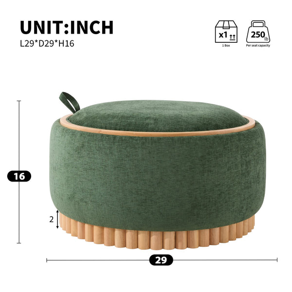 English Elm 29" Round Boucle Storage Ottoman Sculptural Wood Base Reversible Lid Living Room Green N723P405304G