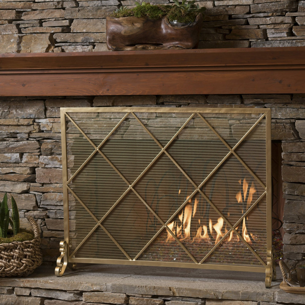 English Elm Christopher Knight Home® - FIRE Iron Single-Panel Fireplace Screen with Diamond Mesh Design, Ember Guard, Multiple Finishes 61126.00GLD