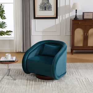 English Elm Swivel Barrel Chair Pumpkin Sculptural Velvet Upholstered with Walnut Wood Round Base Teal W3244P427742