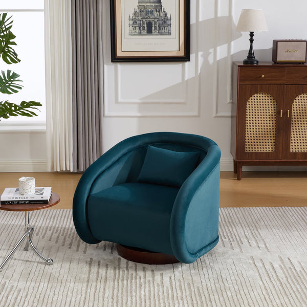 English Elm Swivel Barrel Chair Pumpkin Sculptural Velvet Upholstered with Walnut Wood Round Base Teal W3244P427742