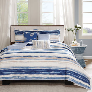English Elm 6 Piece Marina Reversible Quilt Set Full/Queen - Blue Coastal Watercolor Stripes with Embroidered Seashell Pillows B03597432