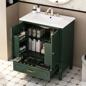 English Elm Christopher Knight Home® - 30" Bathroom Vanity with Sink Vintage Acacia Frame Ceramic Basin Soft-Close Doors & Storage Green N759P313313F