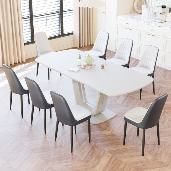 English Elm 62.99-78.74" Expandable Farmhouse Dining Set 9 Piece Mdf Table with 8 Pu Leather Chairs Blue+Grey,White W2189S00856