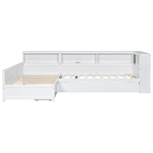 English Elm Wood Twin L-shaped Platform Bed Trundle Shelves Charging Station Kids Room White N7090001045K-1