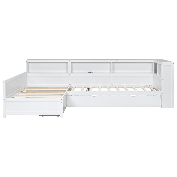 English Elm Wood Twin L-shaped Platform Bed Trundle Shelves Charging Station Kids Room White N7090001045K-1