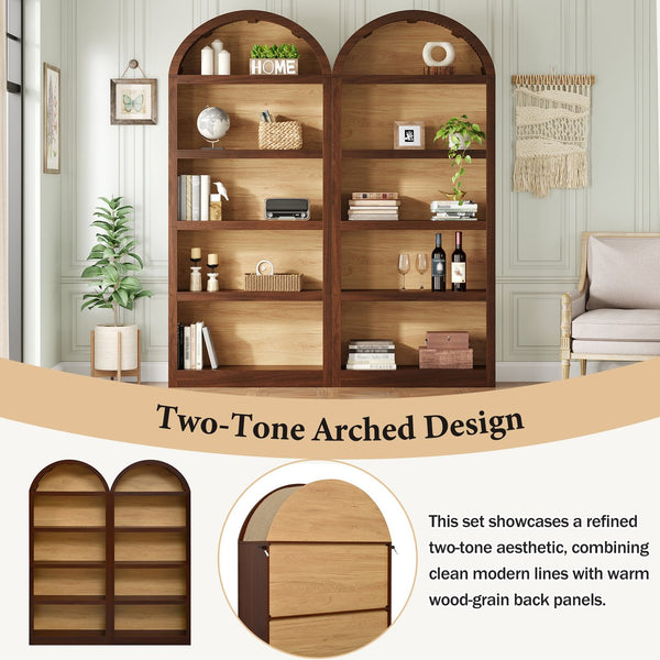 English Elm On-trend Farmhouse Two-tone Bookcase Set Arched Fabric Crown Open 5-tier Shelving Walnut N721P411205P