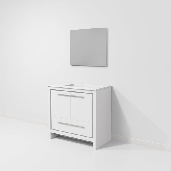 English Elm White Bath Vanity 36 in. W x 20 in. D with White Quartz Top, Soft-Close Storage & 28 in. Mirror Durable B2731S01487