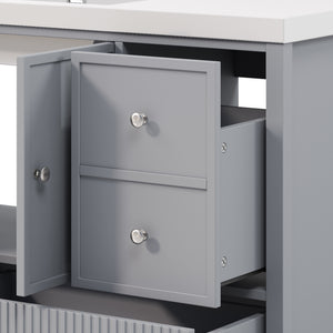English Elm 60" Freestanding Bathroom Vanity Fluted Fronts Soft Close Drawers Drop-in Sink Blue Gray N817P404100B