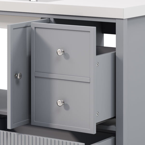 English Elm 60" Freestanding Bathroom Vanity Fluted Fronts Soft Close Drawers Drop-in Sink Blue Gray N817P404100B
