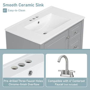 English Elm Christopher Knight Home® - 30" Freestanding Bathroom Vanity with Ceramic Sink, Soft-Close Door, Gold Knobs & 3 Drawers, Durable Painted Finish Grey N759P225994E