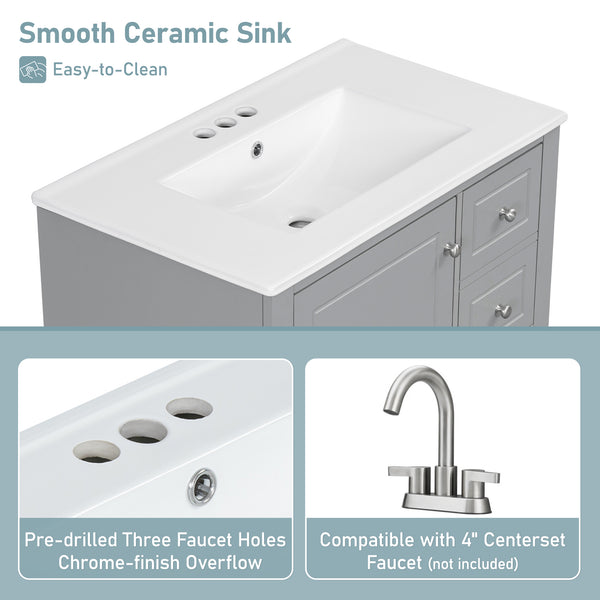 English Elm Christopher Knight Home® - 30" Freestanding Bathroom Vanity with Ceramic Sink, Soft-Close Door, Gold Knobs & 3 Drawers, Durable Painted Finish Grey N759P225994E