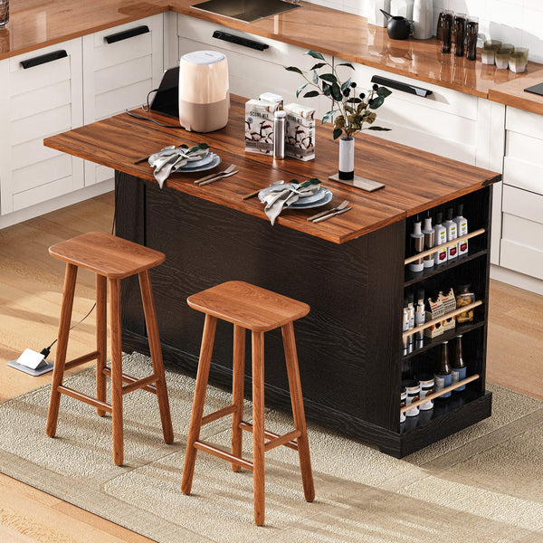 English Elm K&K 53" Farmhouse Kitchen Island with Drop Leaf, Tempered Glass Doors, Power Outlet, Rolling Cart Black N707P263637B
