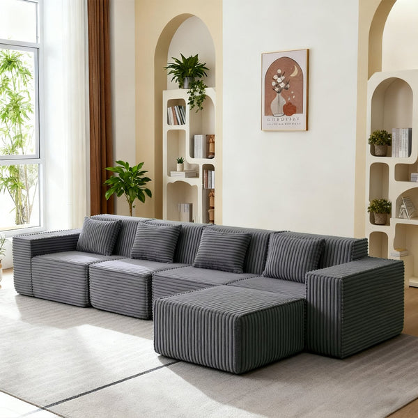 English Elm L-shaped Modular Sectional with Ottoman Corduroy Upholstery Four Seat Living Room Sofa Dark Gray W2699S00092