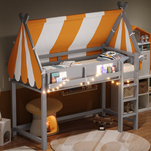 English Elm Twin Solid Wood Loft Bed with Led Lights Canopy Bookshelf for Kids Bedroom Gray N7090002241E
