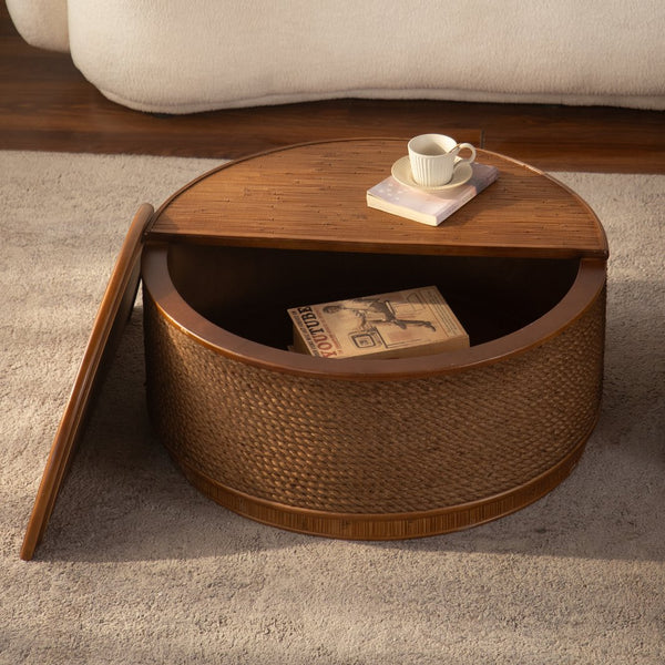 English Elm Flower-shaped Rattan Coffee Table Boho Woven Design with Hidden Lift Top Storage W3081P464721