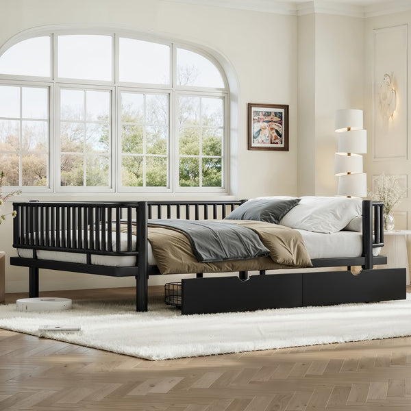 English Elm Queen Storage Platform Bed Low Profile Metal Frame with Built-in Drawers for Small Spaces Black W5305P471352