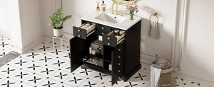 English Elm 30'' Solid Wood Frame Bathroom Vanity with Ceramic Sink, Retro Black Freestanding 2-Drawer Cabinet N710P276724B
