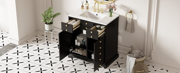 English Elm 30'' Solid Wood Frame Bathroom Vanity with Ceramic Sink, Retro Black Freestanding 2-Drawer Cabinet N710P276724B