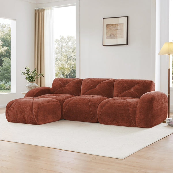 English Elm L-shaped Velvet Sectional Sofa Tufted Modular Seating with Ottoman for Living Room Red+Brown W714S01608