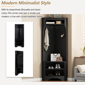English Elm Minimalist White Corner Hall Tree with Bench Shoe Storage and Four Entryway Hooks N721P401788B