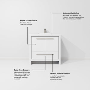 English Elm White White Bath Vanity 36 in. W x 20 in. D with Cultured Marble Top, Soft-Close Storage & 28 in. Mirror B2731S01488