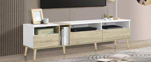 English Elm Modern TV Stand with 3 Drawers & 4 Open Shelves, 80" Media Console White+Wood, Cable Management, P2 Board N710P234108K