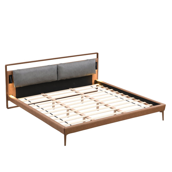 English Elm Christopher Knight Home® - Brown&Gray Leather King Bed With Adjustable Led Night Lights & Sturdy Support – Modern Elegance N758D536162D