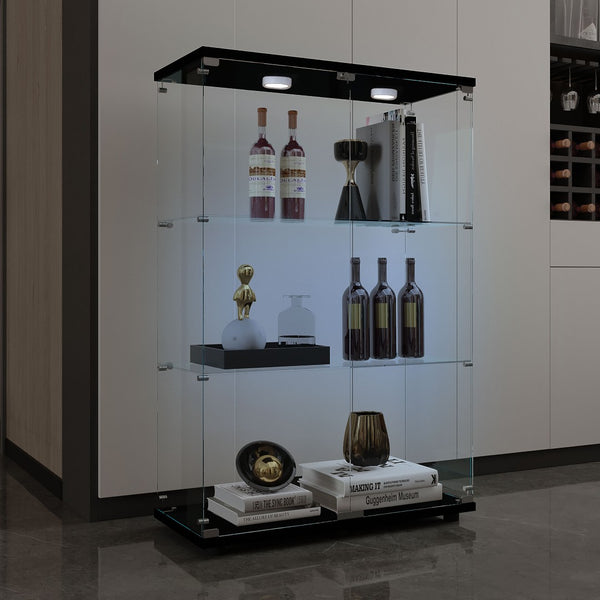 English Elm Tempered Glass Display Cabinet – Stylish Black Wine & Storage Solution With Adjustable Lighting & Feet W3155P291595-GIGA
