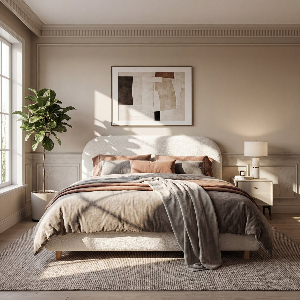 English Elm Queen Boucle Upholstered Bed Curved Foam Padded Headboard Solid Wood Legs Modern N757Q210312W-3