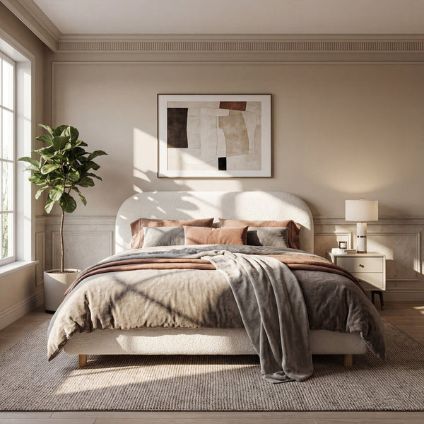 English Elm Queen Boucle Upholstered Bed Curved Foam Padded Headboard Solid Wood Legs Modern N757Q210312W-3