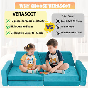 English Elm 15pcs Modular Toddler Play Couch Set Velvet Foam Fort Building Playroom Seating Cyan T5880P493416