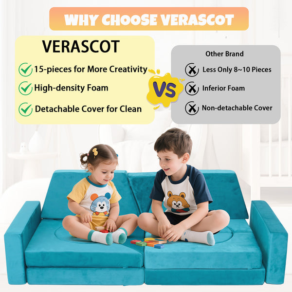 English Elm 15pcs Modular Toddler Play Couch Set Velvet Foam Fort Building Playroom Seating Cyan T5880P493416