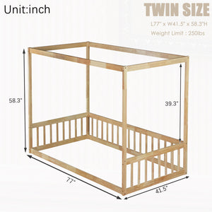 English Elm Twin Canopy Floor Bed Rubberwood Frame with Fence Guardrails for Kids Bedroom Natural W504P351804