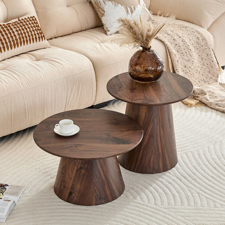English Elm Nested Round Coffee Table Set with Wood Grain Mdf Top for Modern Living Rooms Walnut W2920S00116