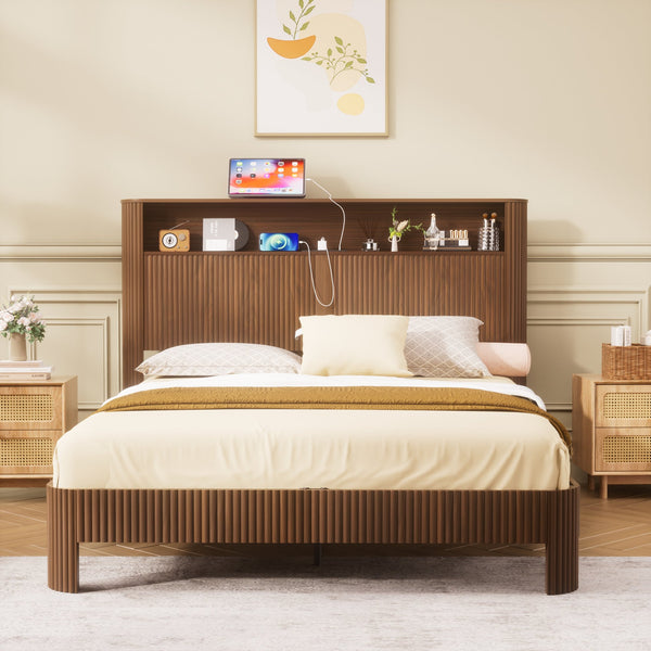 English Elm Queen-size Wave Headboard Storage Bed with Charging Ports and Walnut Mdf Finish W1162P440051