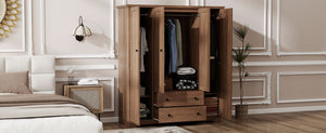 English Elm 4 Door Wardrobe Armoire Closet with 2 Drawers Rustic Pine & MDF Storage Cabinet with Shelves and Hanging Space Brown N7090001842D