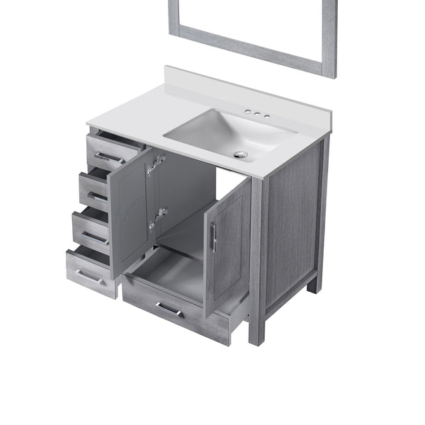 English Elm Distressed Grey Bath Vanity 36 in. W x 22 D with Right Offset White Quartz Top, Soft-Close Storage and 34 in. Mirror B2731S00690