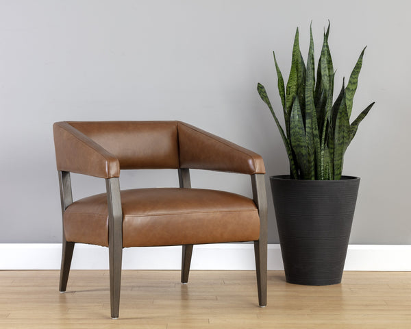 Sunpan Carlyle Lounge Chair - Mid-Century Modern Design in Genuine Leather with Solid Oak Frame for Comfort Shalimar Tobacco Leather